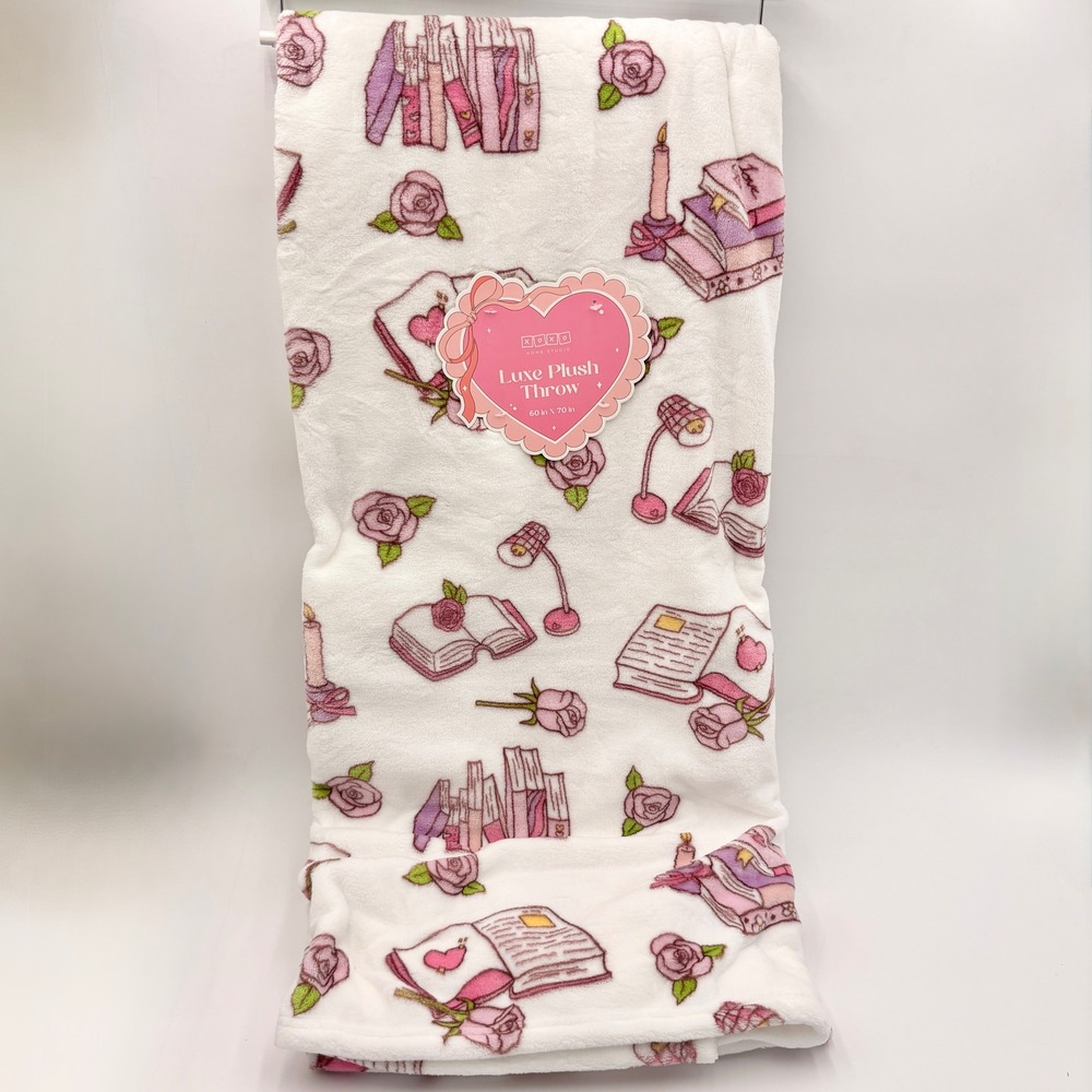 XOXO Home Studio Plush Throw Blanket Reading Bibliophile Books Candle Valentines